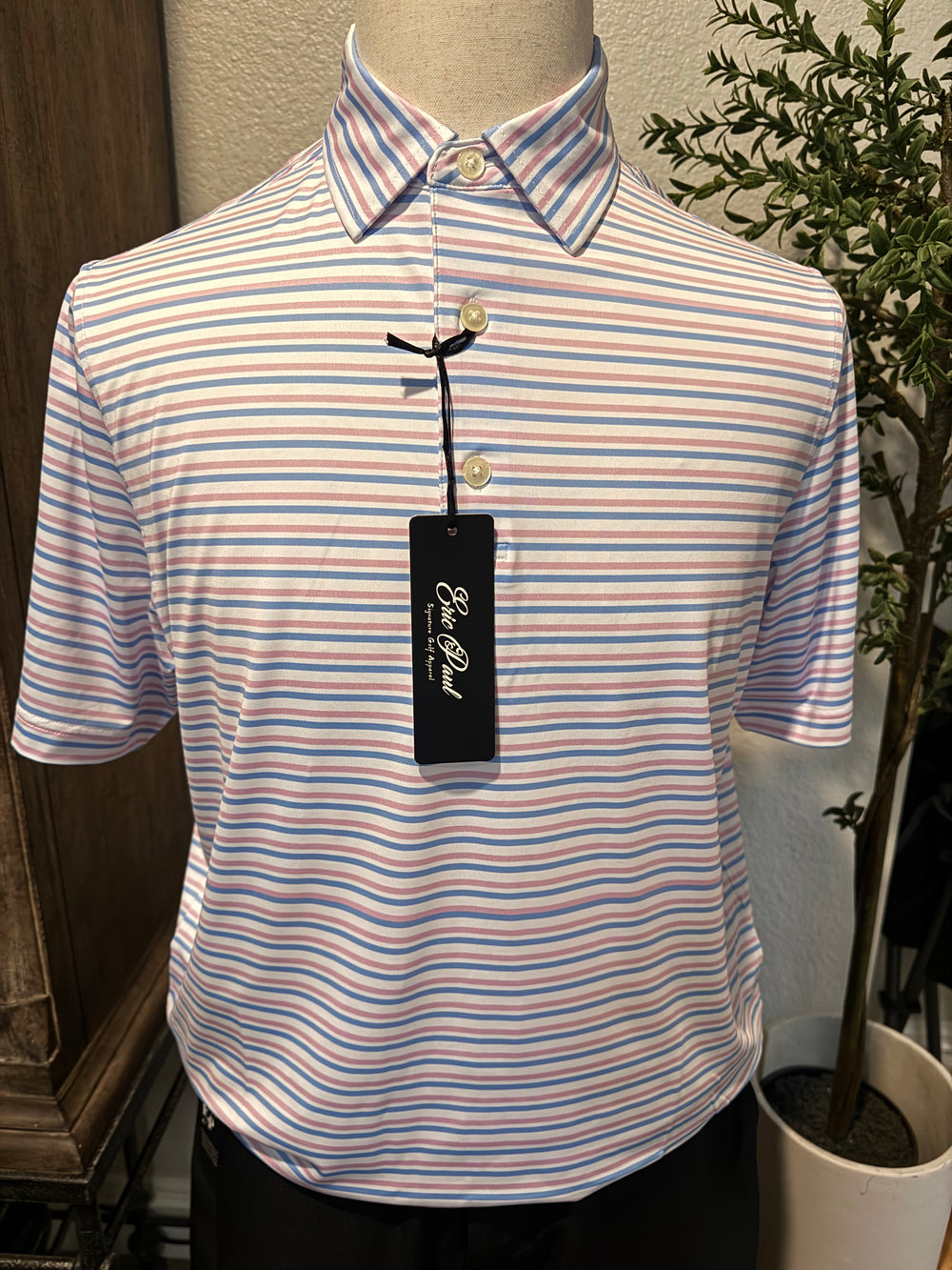 Gentlemen’s Baby Blue and Pink Stripped Signature Polo