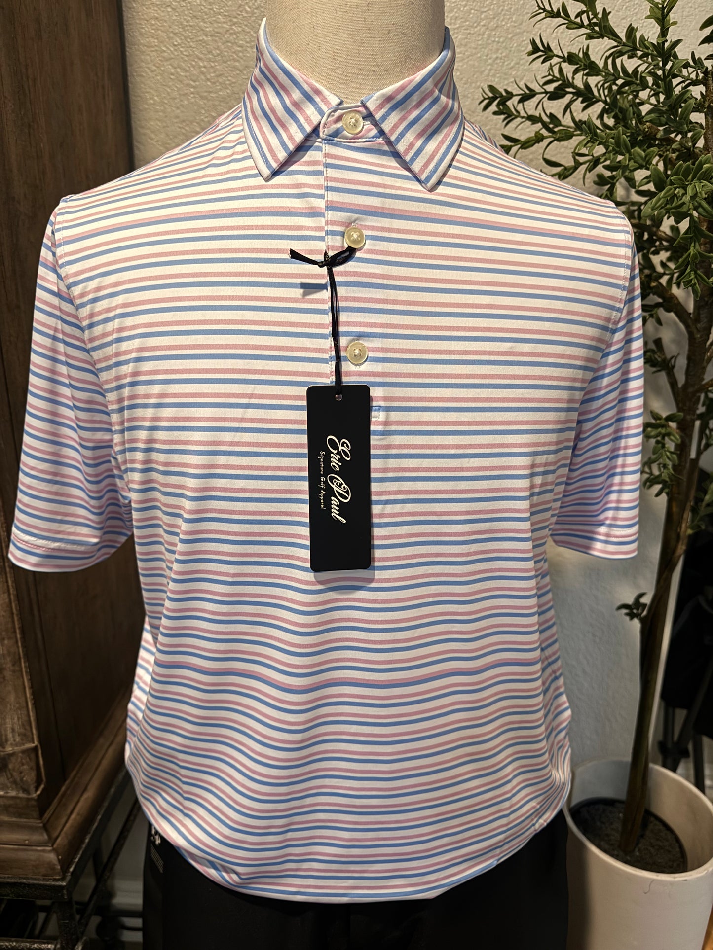 Gentlemen’s Baby Blue and Pink Stripped Signature Polo