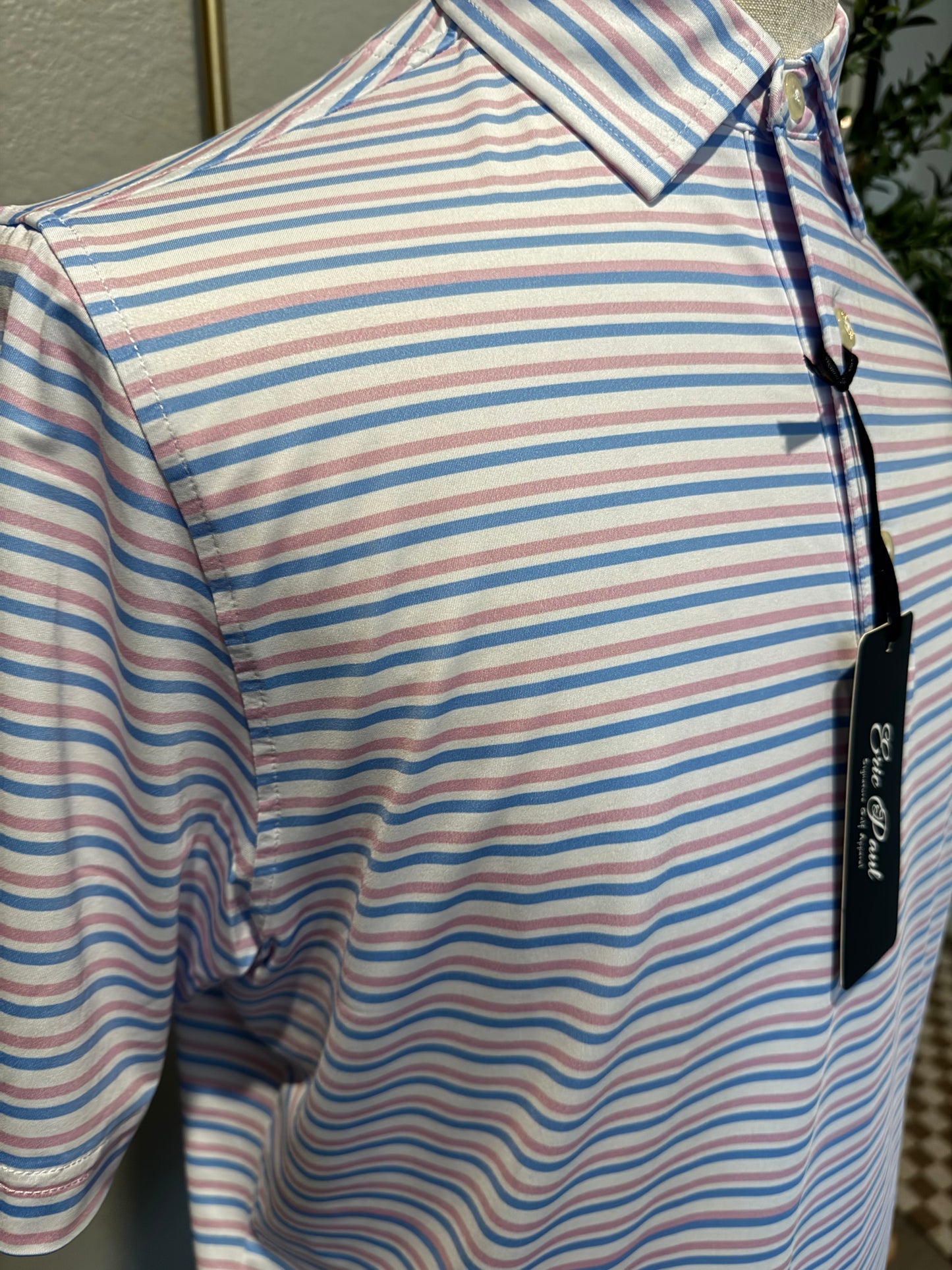 Gentlemen’s Baby Blue and Pink Stripped Signature Polo
